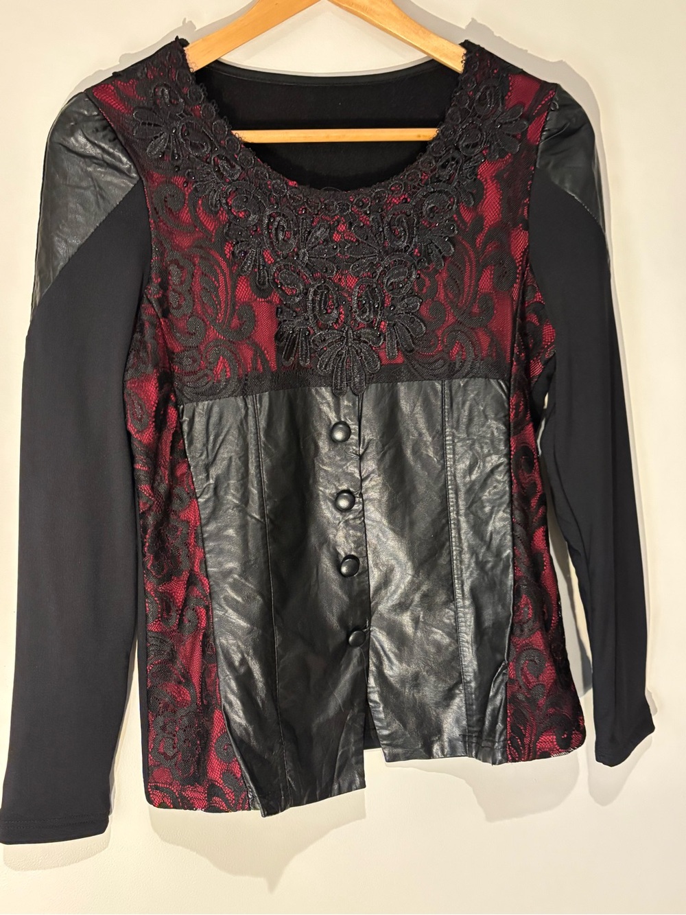 Whimsygoth Burgundy Black Lace Faux Leather Gothic Top
